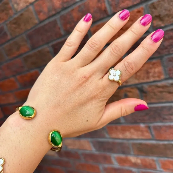 Selena Green Cat Eye Agate 18K Gold Stainless Steel Waterproof Cuff Bracelet - Picture 5 of 17